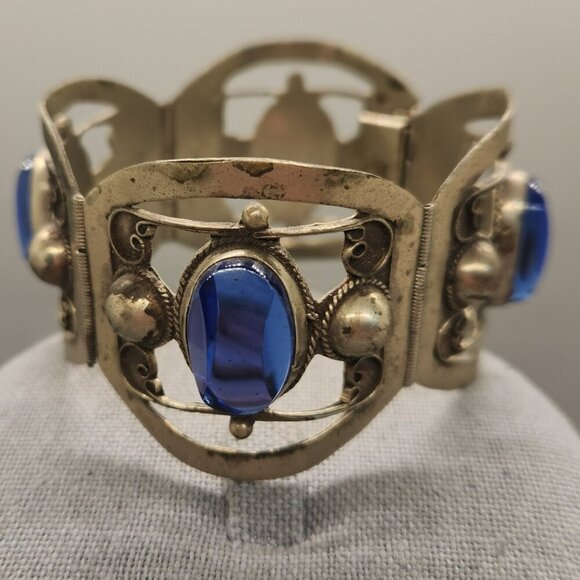 STERLING SILVER VINTAGE TAXCO SIGNED BLUE GLASS BRACELET 7" - Picture 1 of 6